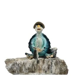 6.5"W Blue Sea Turtle Fishing with Hat Figurine Home Decor Gift