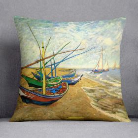 Fishing Boats on the Beach at Saintes-Maries by Van Gogh Cushion (Insert: Without Insert, size: 14" X 14")